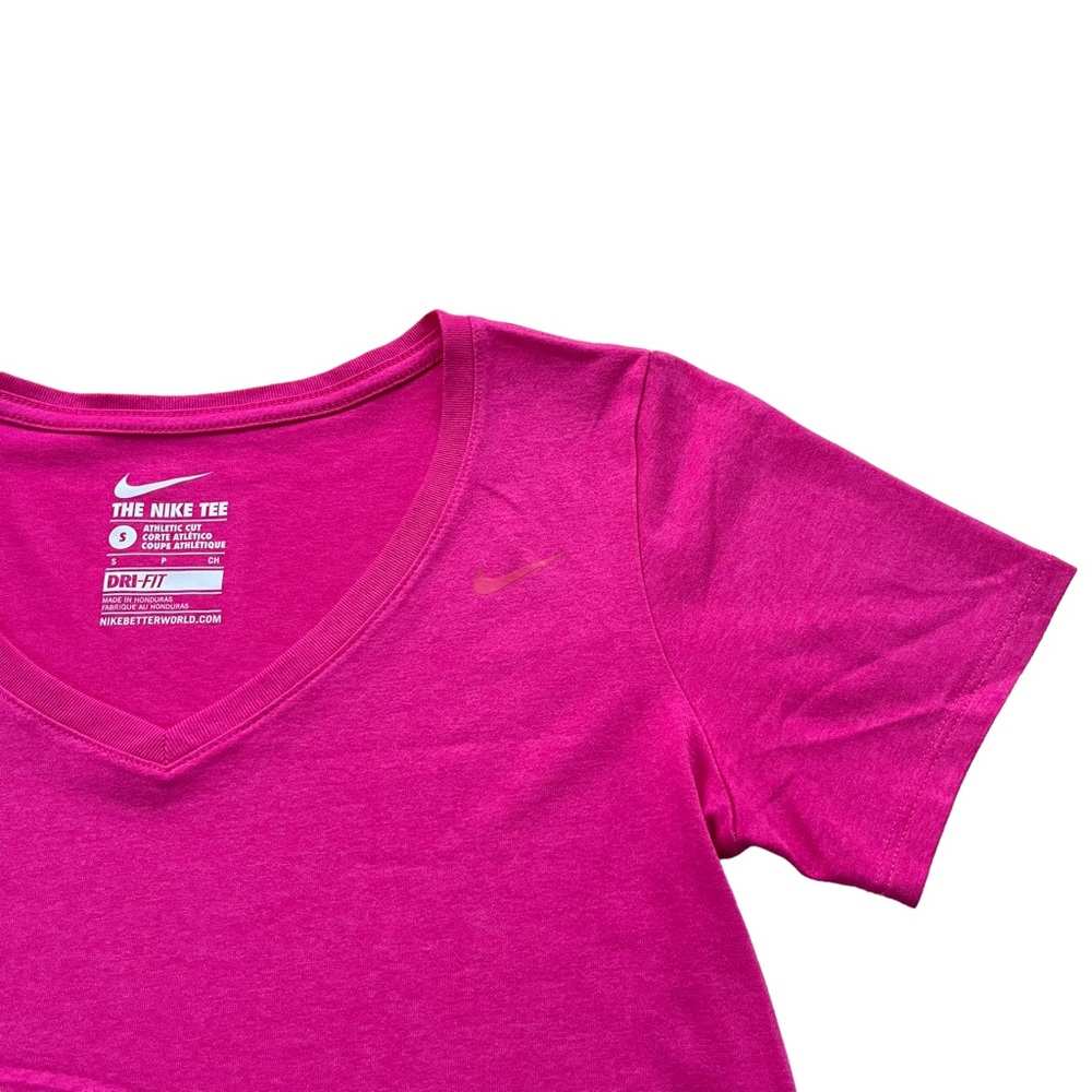 The Nike Tee Womens Small Pink V-neck Athletic Cut 100% Polyester Dri-Fit Tshirt